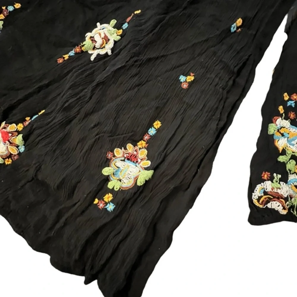 FREE PEOPLE Black Oxford Embroidered Dress Size Small BOHO Long‎ Sleeve Floral